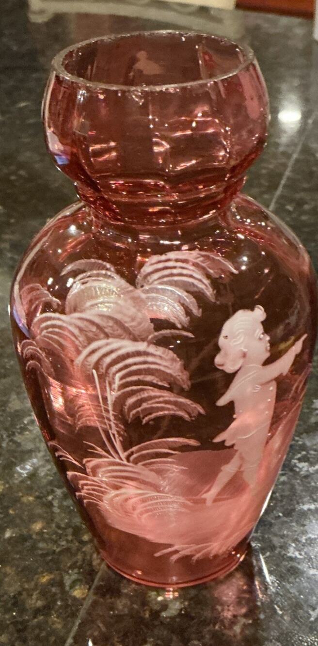 Mary Gregory Cranberry Glass Vase Hand Painted Boy Vintage 6 1/4” Tall Collector